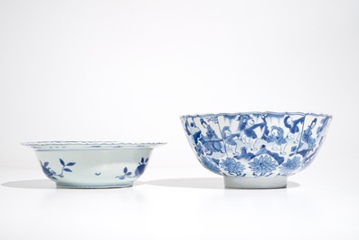 A Chinese blue and white bowl with figures, Kangxi, and a klapmuts crane bowl, probably Wanli