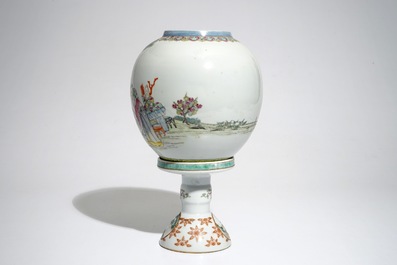 A Chinese famille rose eggshell porcelain lantern on stand, Republic, 20th C.