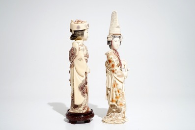 Two Japanese ivory okimono of ladies with headdresses, 19/20th C.