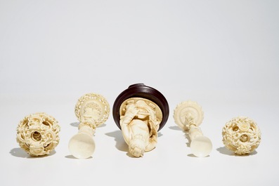 Two Chinese Canton ivory puzzle balls on stands and a figure of a sage, 19th C.