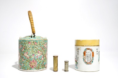 A Chinese famille rose box and cover, a large teapot and two engraved metal boxes, 19/20th C.