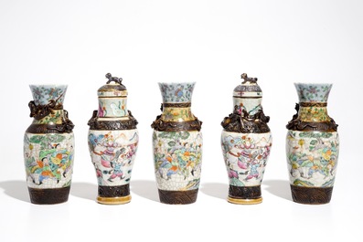 Two Chinese Nanking famille rose covered vases and three Nanking famille verte vases, 19th C.