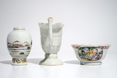 A Chinese famille rose European subject ewer, a bowl and a tea caddy, Qianlong