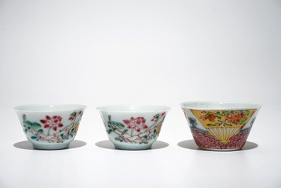 A set of six and a pair of Chinese famille rose cups and saucers, Yongzheng/Qianlong