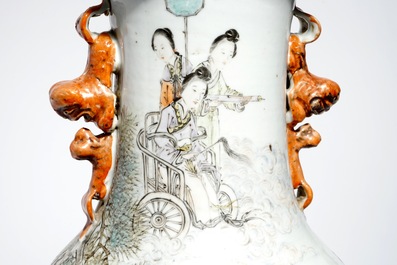 A pair of tall Chinese qianjiang cai vases with immortals, 19/20th C.