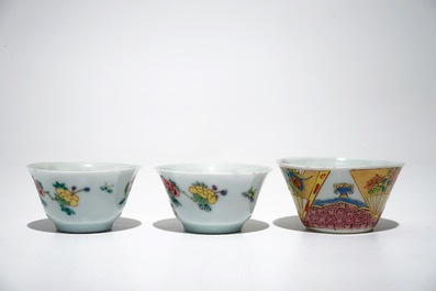 A set of six and a pair of Chinese famille rose cups and saucers, Yongzheng/Qianlong