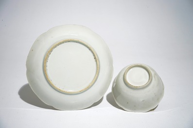 Three blanc de Chine cups and saucers with floral anhua design, Yongzheng/Qianlong