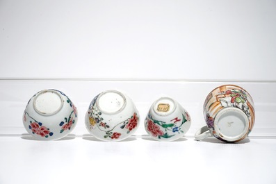 Four Chinese famille rose cups and saucers, Yongzheng/Qianlong