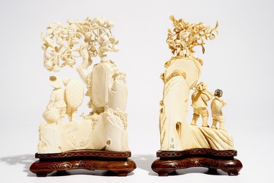 Two Chinese carved ivory groups on wooden base, 2nd quarter 20th C.