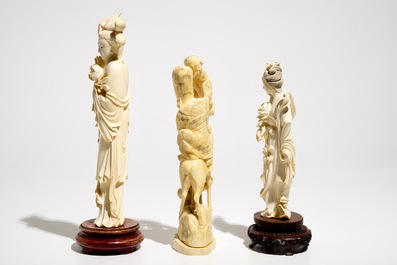 Two Chinese carved ivory figures of Guanyin and a Japanese okimono, 19/20th C.