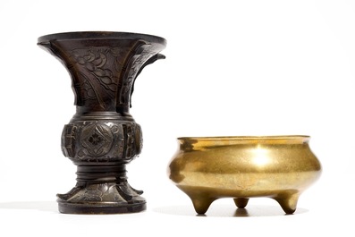 A Chinese bronze tripod censer, Xuande mark, and an archaistic bronze gu vase, 19/20th C.