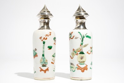A pair of Chinese famille verte silver-mounted rouleau vases, Kangxi