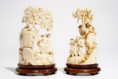 Two Chinese carved ivory groups on wooden base, 2nd quarter 20th C.