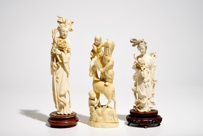 Two Chinese carved ivory figures of Guanyin and a Japanese okimono, 19/20th C.