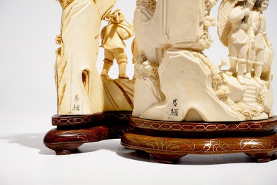 Two Chinese carved ivory groups on wooden base, 2nd quarter 20th C.