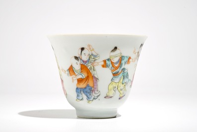 A Chinese famille rose wine cup with playing boys, Republic, 20th C.