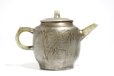 A Chinese inscribed pewter-encased Yixing stoneware teapot with jade, 20e eeuw