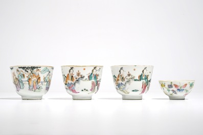 A Chinese famille rose vase and four cups, 19th C.