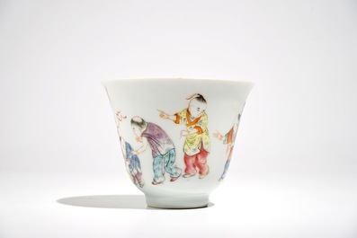 A Chinese famille rose wine cup with playing boys, Republic, 20th C.