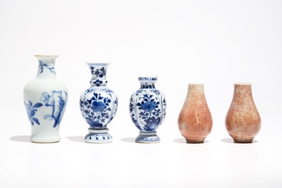 Five Chinese blue and white and copper red miniature vases, Kangxi