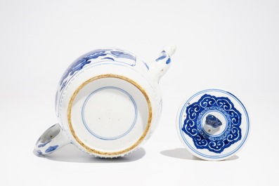 A Chinese blue and white teapot and cover with antiquities, Kangxi