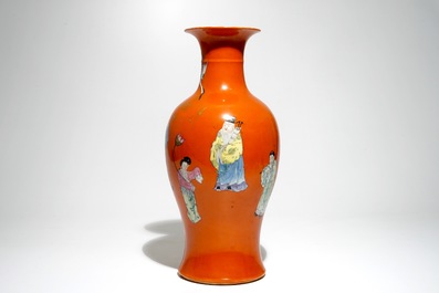 A Chinese coral-ground vase with immortals, Qianlong mark, Republic, 20th C.