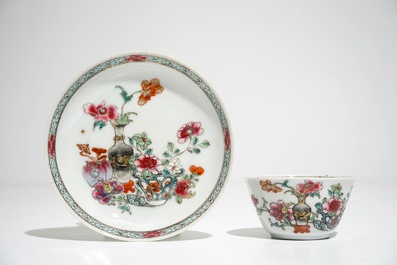 Five Chinese famille rose cups and saucers with vases among flowers, Yongzheng/Qianlong