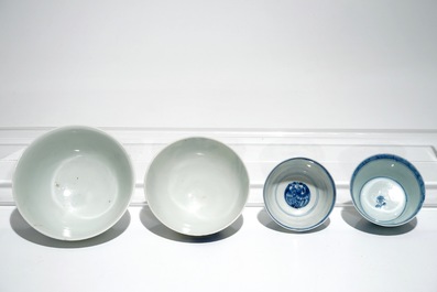 Eight Chinese blue and white cups and saucers and two bowls, Kangxi and later