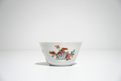 Five Chinese famille rose cups and saucers with vases among flowers, Yongzheng/Qianlong