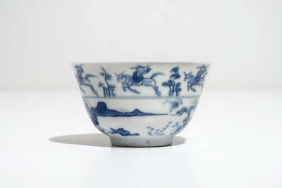 Seven Chinese blue and white cups and nine saucers, Kangxi