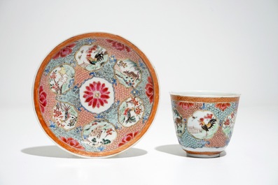 Four Chinese famille rose cups and saucers with animals in medallions, Yongzheng/Qianlong