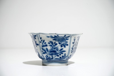 Six Chinese blue and white cups and saucers with floral design, Kangxi