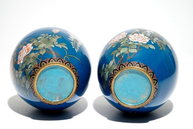 A pair of Japanese blue-ground cloisonn&eacute; vases, Meiji, late 19th C.