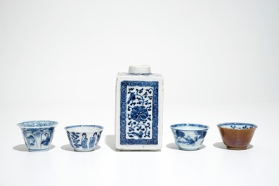 A Chinese blue and white square tea caddy, four cups and saucers and five plates, Kangxi and later