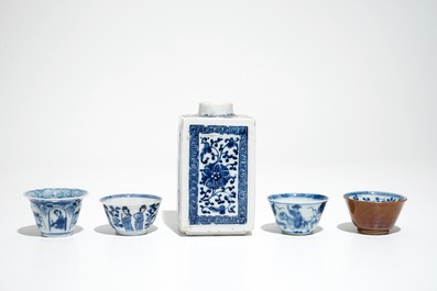A Chinese blue and white square tea caddy, four cups and saucers and five plates, Kangxi and later