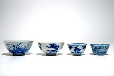 Eight Chinese blue and white cups and saucers and two bowls, Kangxi and later