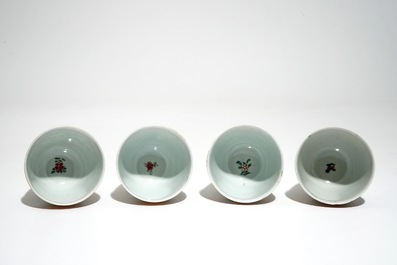 Four Chinese famille rose cups and saucers with animals in medallions, Yongzheng/Qianlong