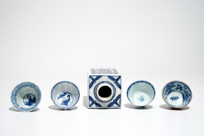 A Chinese blue and white square tea caddy, four cups and saucers and five plates, Kangxi and later