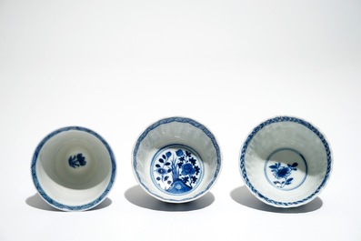 Thirteen Chinese blue and white cups and saucers, Kangxi and later