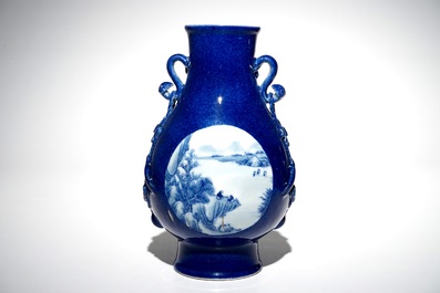 A Chinese blue and white hu powder blue-ground vase with landscape medallions, Qianlong mark, 19/20th C.