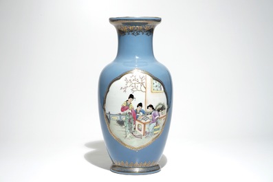 A Chinese famille rose on lavender-blue-ground vase, Qianlong mark, Republic, 20th C.
