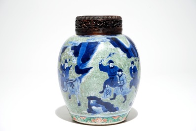 A Chinese famille verte jar with wooden cover and stand, Kangxi