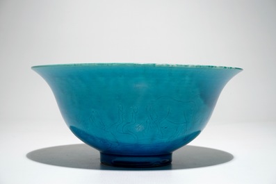 A Chinese monochrome turquoise bowl with incised design of horses, Kangxi mark, 19/20th C.