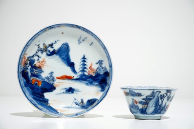 Eight Chinese Imari-style cups and saucers with landscapes, Kangxi