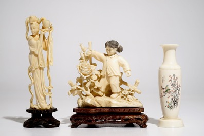 Two Chinese ivory figures and a vase, first half 20th C.