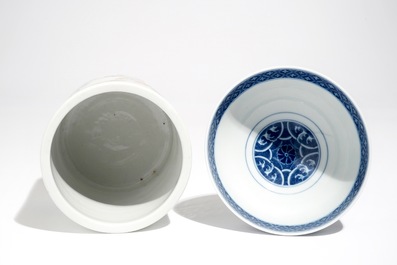 A Chinese blue and white bowl, a qianjiang cai brush pot and an iron red plate, 19/20th C.