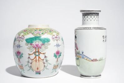 Four Chinese famille rose and verte plates and two vases, Qianlong, 19th and 20th C.