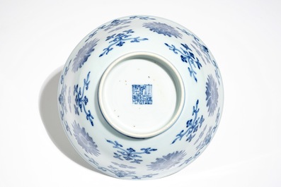 A Chinese blue and white lotus bowl, Qianlong mark and period