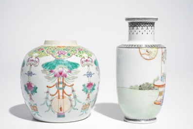 Quatre assiettes et deux vases en porcelaine de Chine famille rose et verte, Qianlong, 19&egrave;me et 20&egrave;me