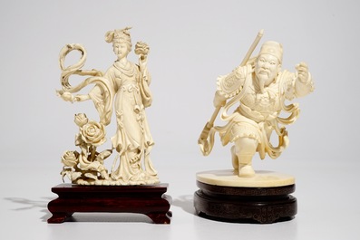 A Chinese ivory warrior and Chang'e on wooden stands, 19/20th C.